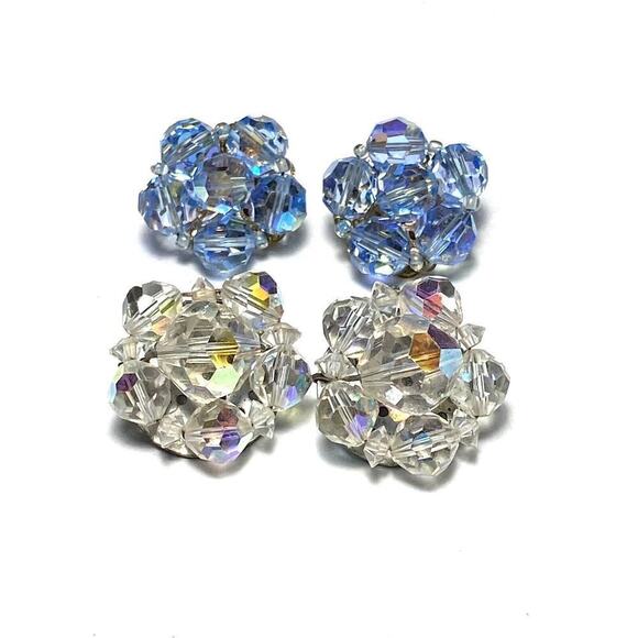 Vintage Clip Ons Clips Earrings Beaded Two Pairs Lot AB Crystals - Picture 1 of 16